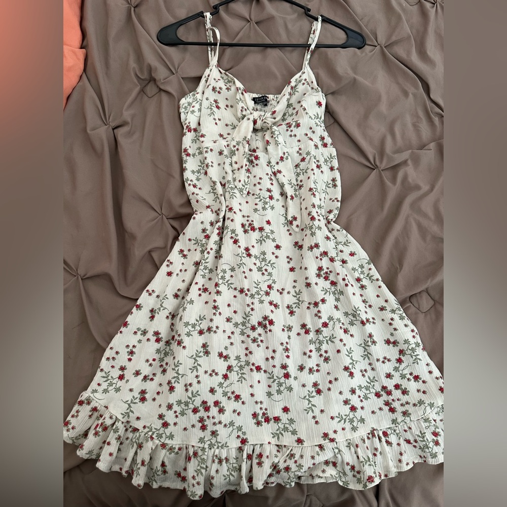 white floral dress with red flowers print
